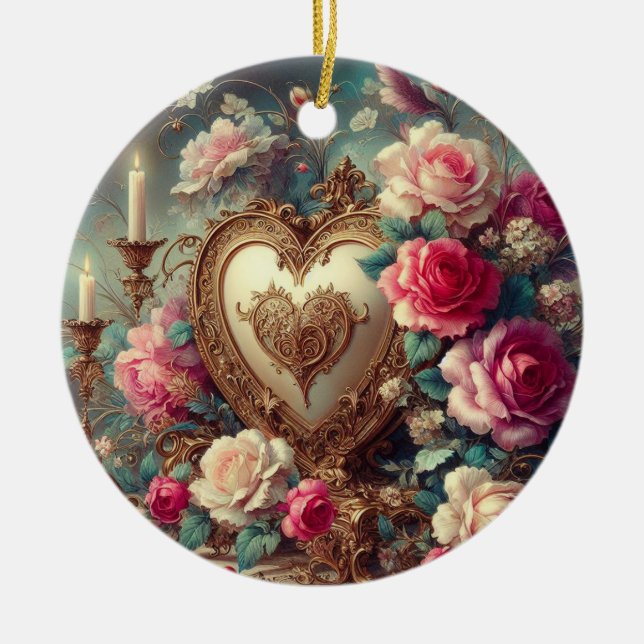 Herz, Rose und Kerzen für ein Liebes Keramik Ornament (Vorne)