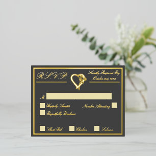 Herz & Rosen, Graue Hochzeits-RSVP Gold Folie Einladungspostkarte