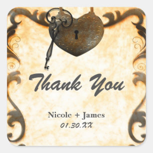 Herz-Schloss-&-Schlüssel Vintage Rustikale Hochzei Quadratischer Aufkleber