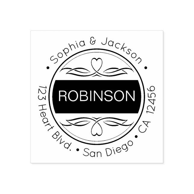 Herz & Schnörkel Freundliche Rücksendeadresse Gummistempel (Prägung)