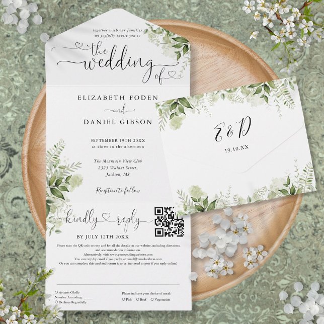 Herz Script Greenery Floral QR Code Wedding All In One Einladung (Heart Script Greenery Floral QR Code Wedding All In One Invitation)