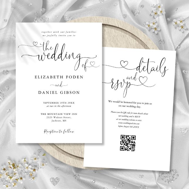 Herz-Script Schwarz-Weiß QR Code Hochzeit Einladung (Heart Script Black And White QR Code Wedding Invitation)