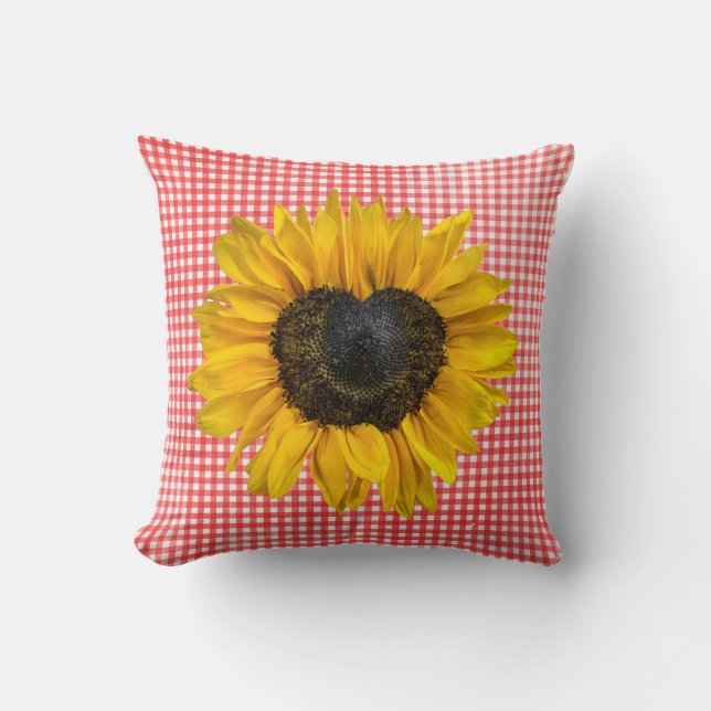 Herz Sonnenblume auf Gingham Kissen (Vorderseite)