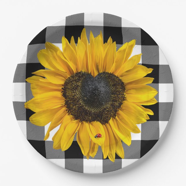 Herz Sonnenblume Ladybug auf Buffalo Kariert Pappteller (Vorderseite)
