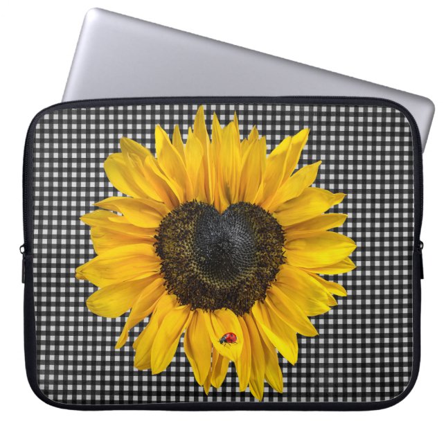 Herz Sonnenblumen und Ladybug auf Gingham Laptopschutzhülle (Vorderseite)