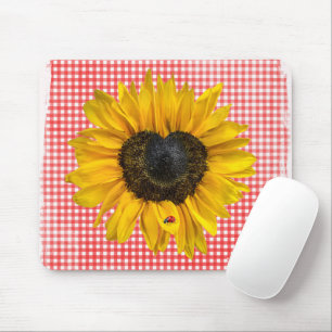Herz Sonnenblumen und Ladybug auf Gingham Mousepad