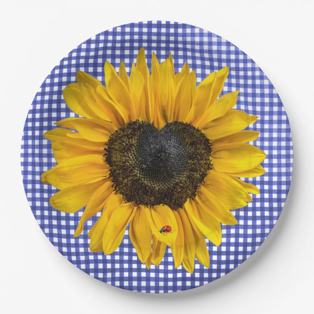 Herz Sonnenblumen und Ladybug auf Gingham Pappteller (Vorderseite)