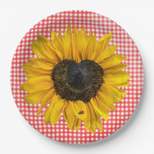 Herz Sonnenblumen und Ladybug auf Gingham Pappteller