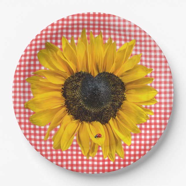 Herz Sonnenblumen und Ladybug auf Gingham Pappteller (Vorderseite)