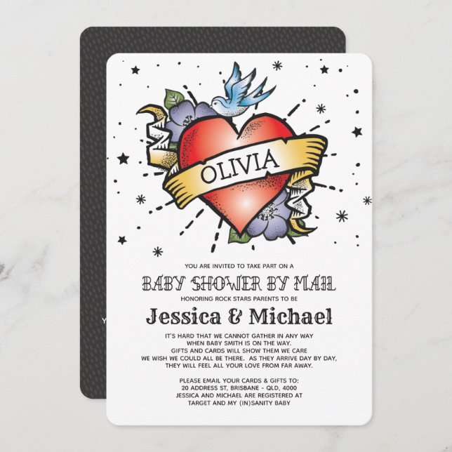 Herz Tattoo Kinderdusche per Post Einladung (Vorne/Hinten)