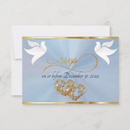Herz, Tauben & Band - Pastellblau/Gold RSVP Karte