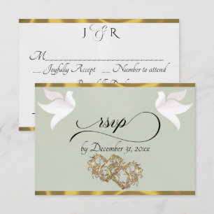 Herz, Tauben & Band - Salbei Pearl/Gold RSVP Karte