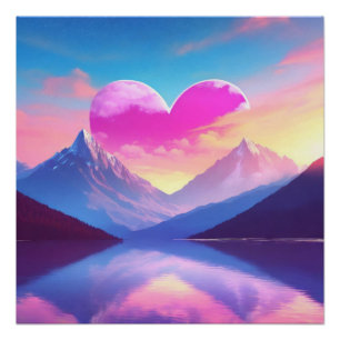 Herz- und Berg-Sonnenuntergangs-Landschaftskunst Poster