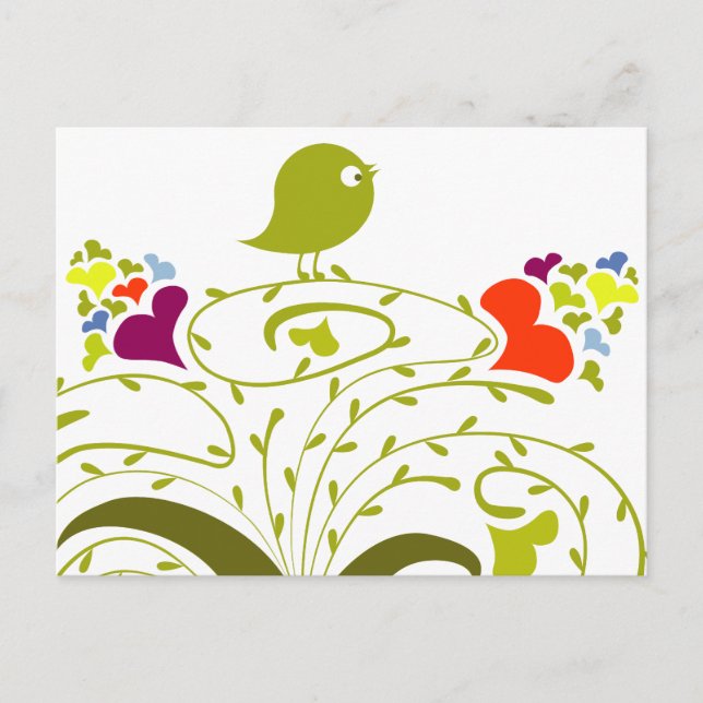 Herz und Birdie auf einem Niedlichen Baum Postkarte (Vorderseite)