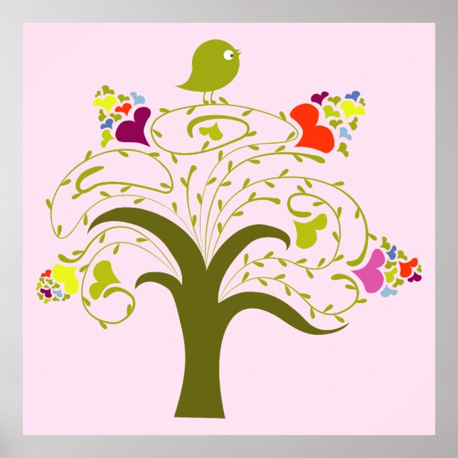 Herz und Birdie auf einem Niedlichen Baumposter Poster (Vorne)