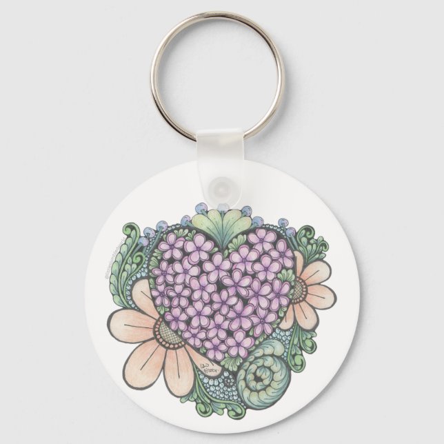 Herz und Blume doodle Art Keyring. Schlüsselanhänger (Vorderseite)