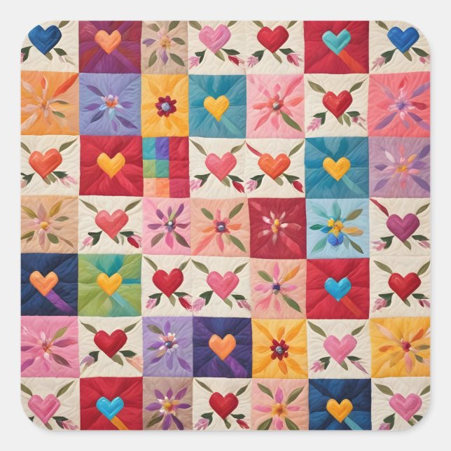 Herz und Blume quilt Quadratischer Aufkleber (Vorderseite)