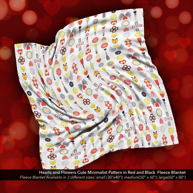 Herz und Blume Rot und Schwarz Niedlich Minimalist Fleecedecke (Hearts and Flowers Cute Minimalist Pattern in Red and Black Fleece Blanket)