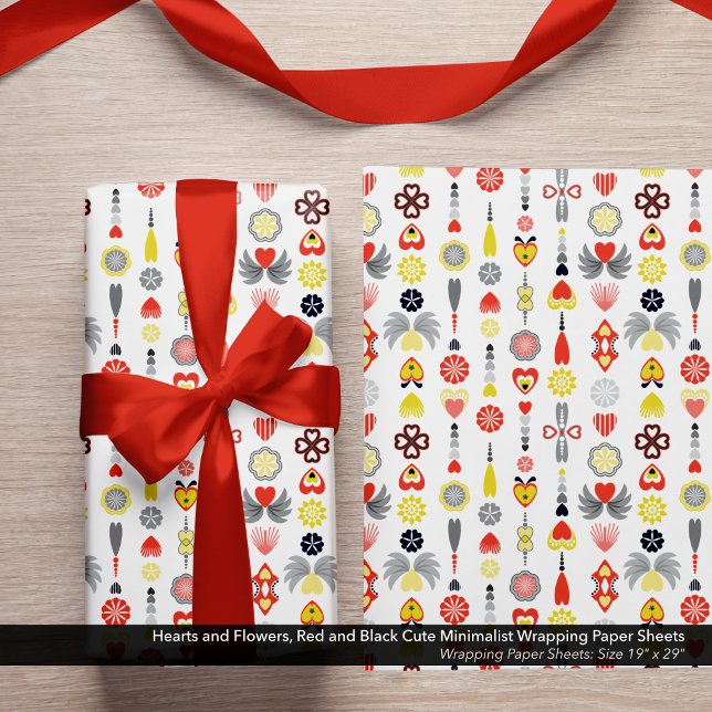 Herz und Blume Rot und Schwarz Niedlich Minimalist Geschenkpapier Set (Cute Hearts and Flowers, Red and Black Minimalist Wrapping Paper Sheets)