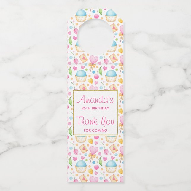 Herz und Cupcakes Delikates Wasserfarbenes Muster Flaschenanhänger (Vorderseite)
