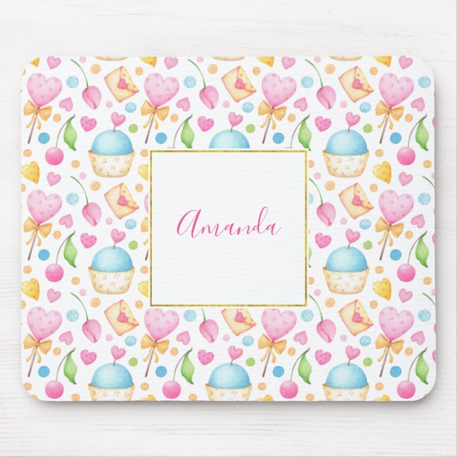 Herz und Cupcakes Süßes Aquarellmuster Mousepad (Vorne)