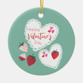 Herz und Erdbeeren Happy Valentines Day Keramik Ornament