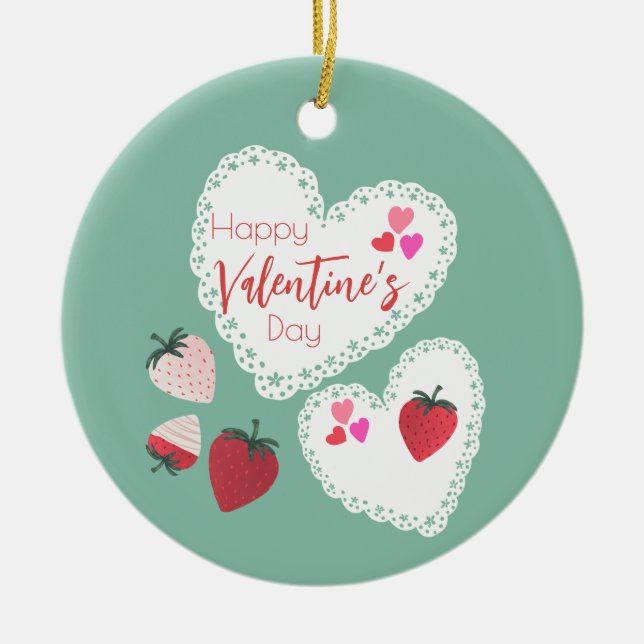 Herz und Erdbeeren Happy Valentines Day Keramik Ornament (Vorne)
