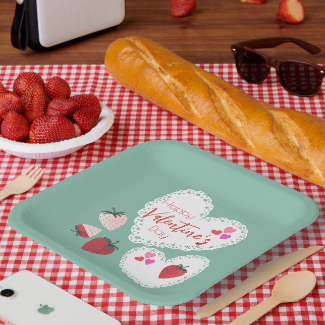 Herz und Erdbeeren Happy Valentines Day Pappteller (Picknick)