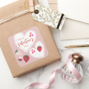 Herz und Erdbeeren Happy Valentines Day Quadratischer Aufkleber