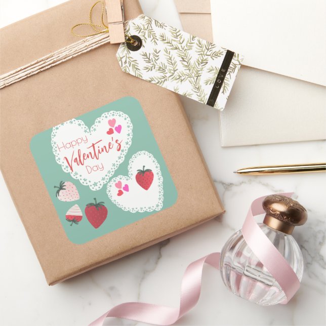 Herz und Erdbeeren Happy Valentines Day Quadratischer Aufkleber (Schenken)