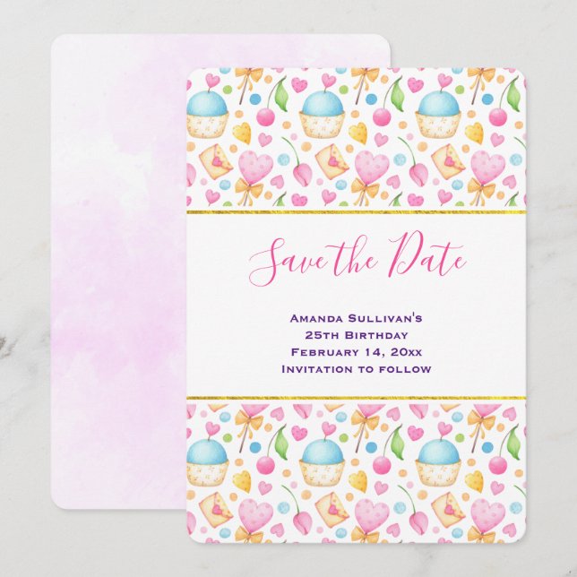 Herz und Liebe Deluxe Wasserfarben Muster Save The Date (Vorne/Hinten)