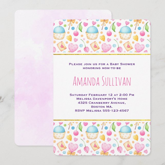 Herz und Liebe Wasserfarben Muster Kinderdusche Einladung (Vorne/Hinten)