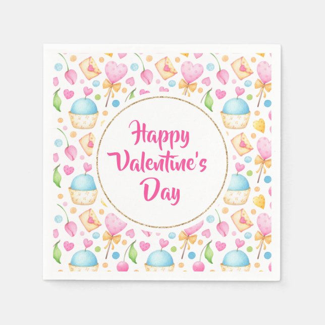 Herz und Muffins Wasserfarben Muster Valentine Serviette (Vorderseite)