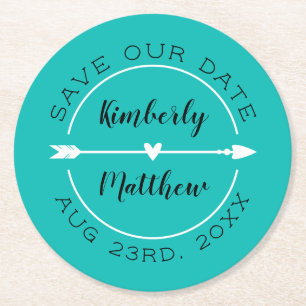 Herz und Pfeil Türkis Save the Date Runder Pappuntersetzer