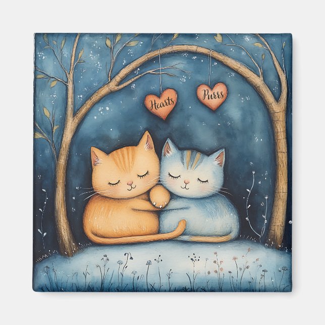 Herz und Purs Feline Soulmates Illustrierte Kunst Magnet (Vorne)
