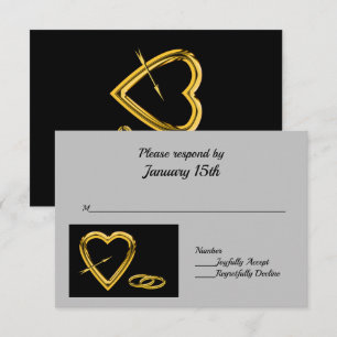 Herz und Ringe in Gold auf Black Modern UAWG RSVP Karte