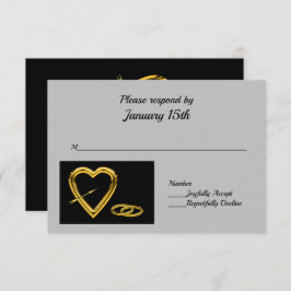 Herz und Ringe in Gold auf Black Modern UAWG RSVP Karte