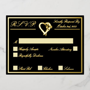 Herz und Rose, Black Wedding RSVP Gold Folie Einladungspostkarte