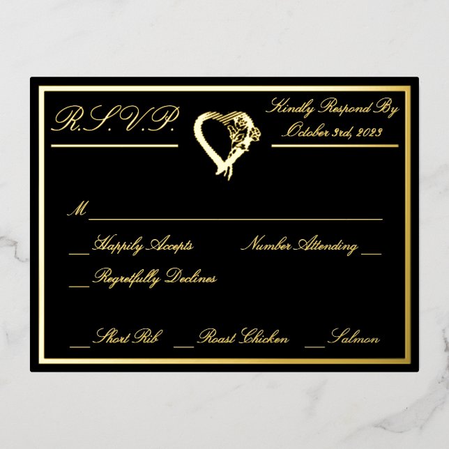Herz und Rose, formale Schwarze Hochzeit RSVP Gold Folie Einladungspostkarte (Vorderseite)