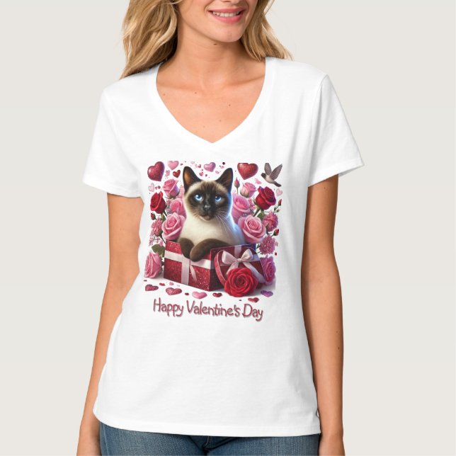 Herz und Rose Valentinstag Siam Katze T-Shirt (Vorderseite)