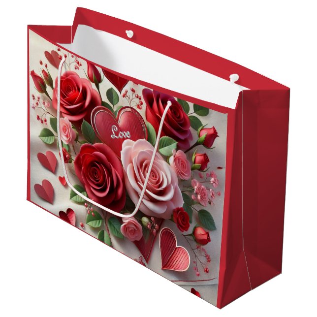 Herz und Rote Rose Valentinstag Große Geschenktüte (Vorderseite Schrägansicht)