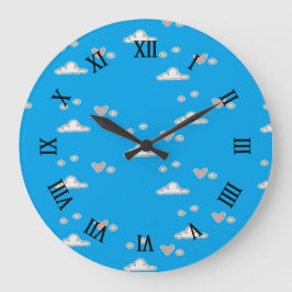 Herz und Wolken auf blau Große Wanduhr