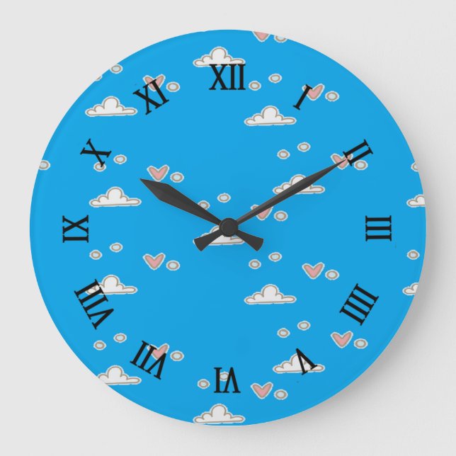 Herz und Wolken auf blau Große Wanduhr (Vorderseite)