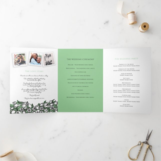 Herz Weiße Tulpen Tinte Widding Hochzeit Dreifach-gefaltete Programmkarte (Innenseite)