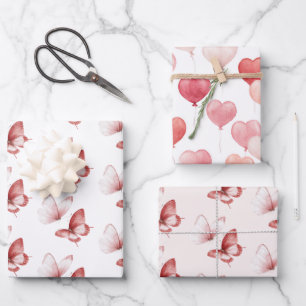 Herzballons Rosa Rot Schmetterlinge Geburtstag Geschenkpapier Set