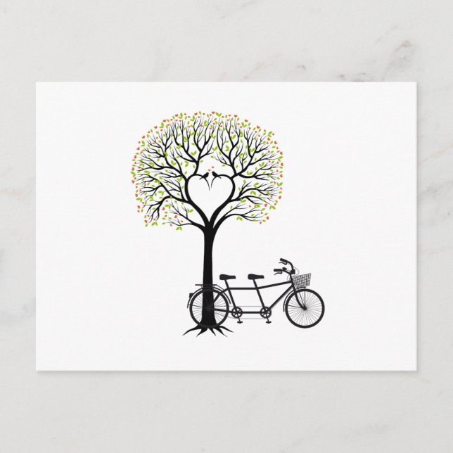 Herzbaum mit Vögeln und Tandemfahrrad Postkarte (Vorderseite)