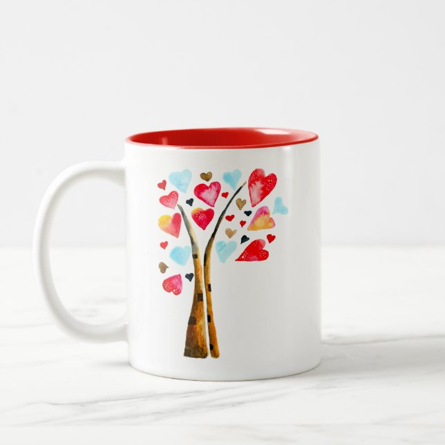 Herzbaumvalentine Aquarellkunst Zweifarbige Tasse (Links)