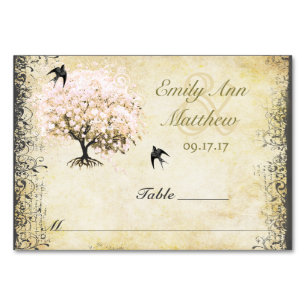 Herzblatt-Rosa-Baum-Vintage-Vogel-Platzkarte Tischnummer
