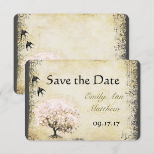 Herzblatt-Rosa-Baum Vintage Vogel Save-the-Date Save The Date