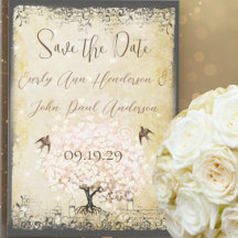 Herzblatt-Rosa-Baum Vintage-Vogel Save-the-Date